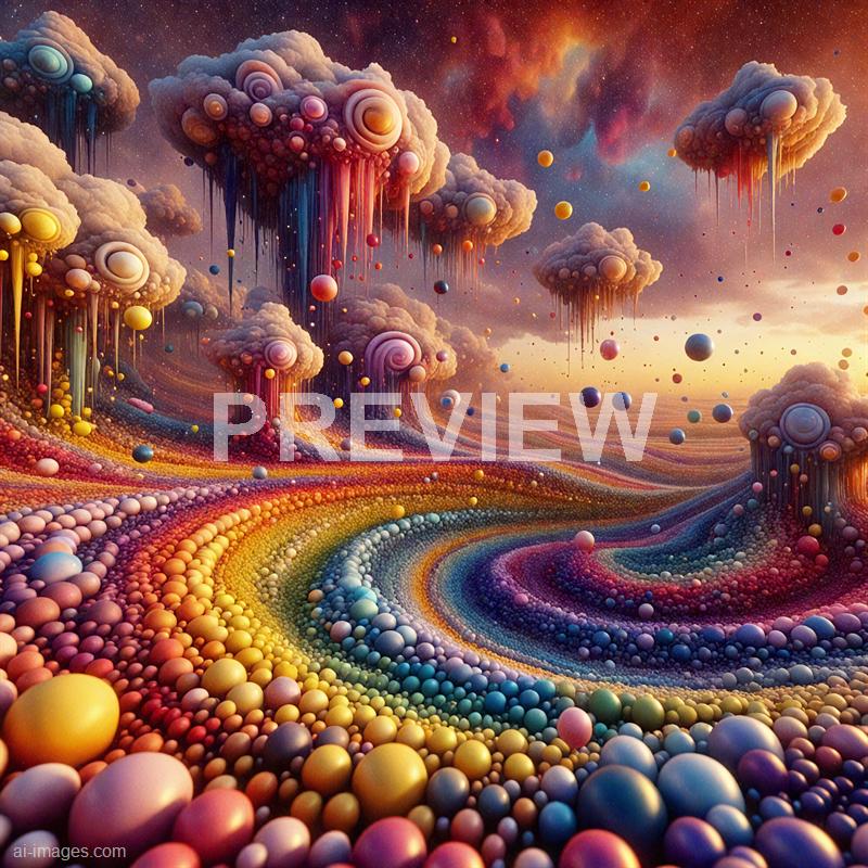 The image depicts a surreal, fantastical landscape with floating, cloud-like formations that have spiral patterns and elongated, dripping tendrils. The ground is covered with numerous colorful spheres that form a winding, rainbow-colored path, leading through the scene. The sky is filled with vibrant, nebula-like clouds in shades of pink, purple, and orange, giving the entire scene a dreamy, otherworldly atmosphere.